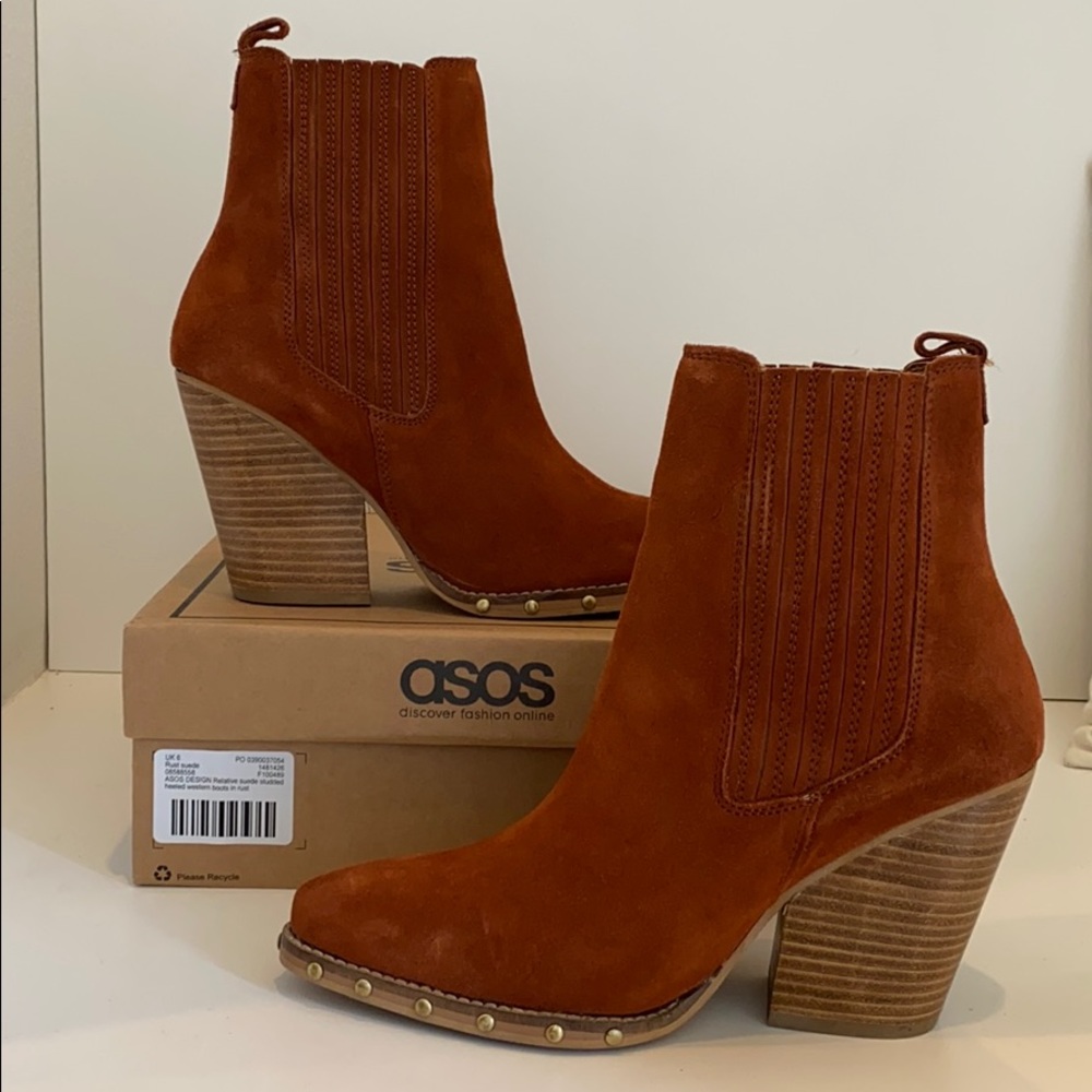ASOS Suede Studded Western Boho Bootie in Rust